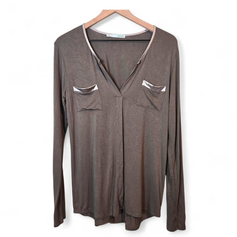 Maurices Brown Long Sleeve V-Neck Top with Metallic Trim